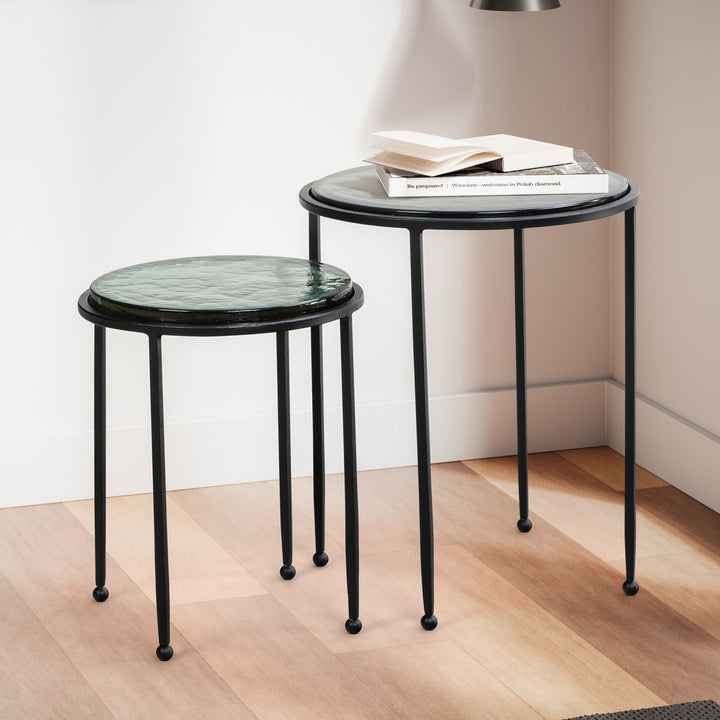 Beistelltisch Set Grün Schwarz Rund Glas Metall Modern Abnehmbare Tischplatte