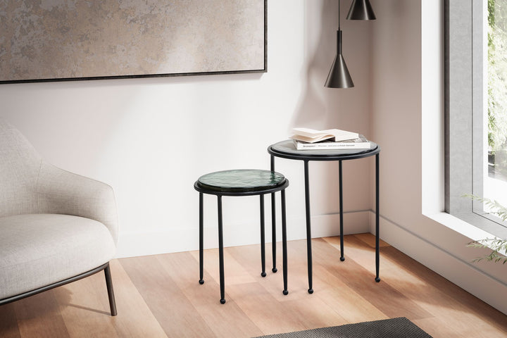 Beistelltisch Set Grün Schwarz Rund Glas Metall Modern Abnehmbare Tischplatte