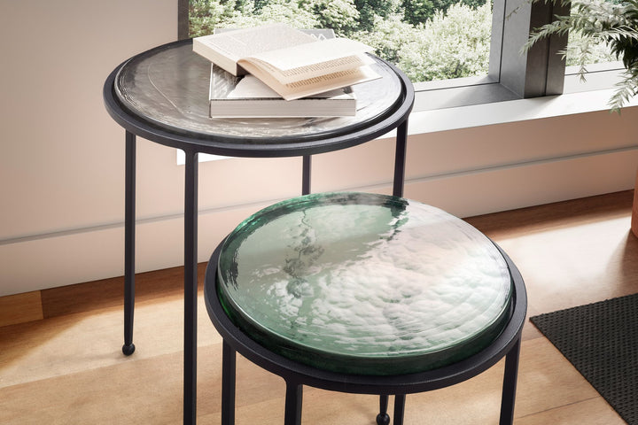 Beistelltisch Set Grün Schwarz Rund Glas Metall Modern Abnehmbare Tischplatte
