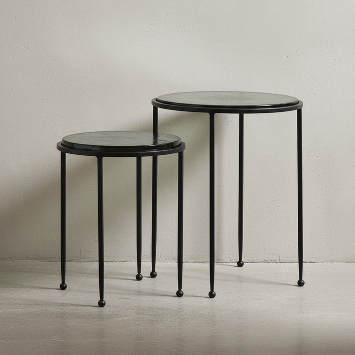Beistelltisch 2er Set Grün Schwarz Design Satztisch Glas Metall Rund - Wohnzimmertisch Modern - Ausgefallener Couchtisch - Sofatisch 2-teilig abnehmbare Tischplatte_