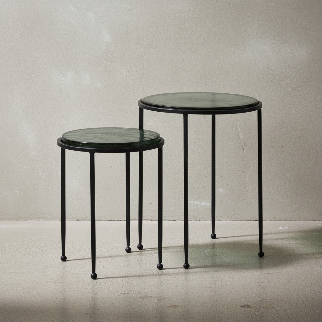 Beistelltisch 2er Set Grün Schwarz Design Satztisch Glas Metall Rund - Wohnzimmertisch Modern - Ausgefallener Couchtisch - Sofatisch 2-teilig abnehmbare Tischplatte_