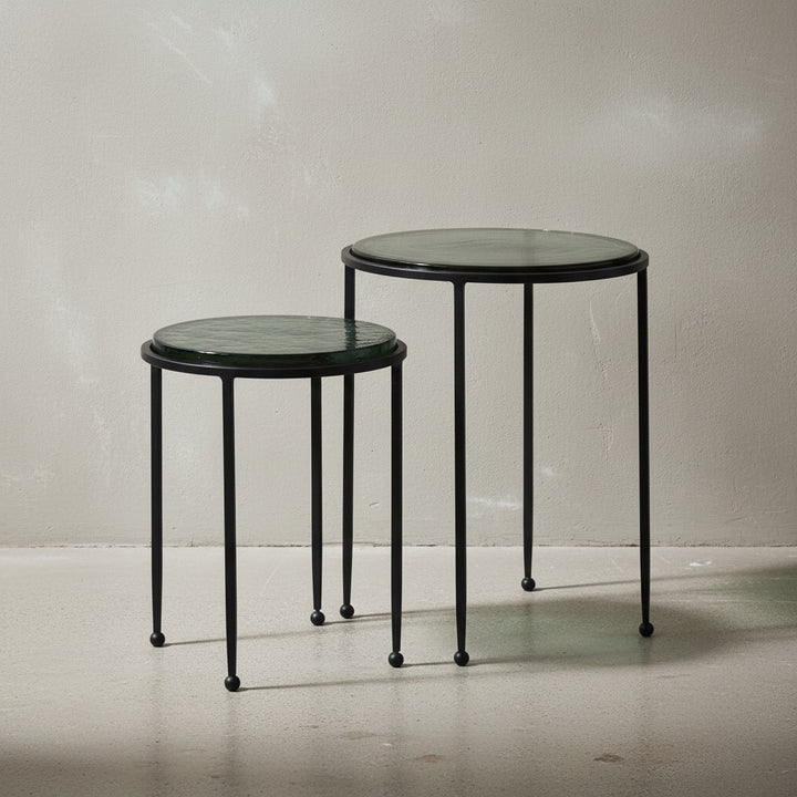 Beistelltisch 2er Set Grün Schwarz Design Satztisch Glas Metall Rund - Wohnzimmertisch Modern - Ausgefallener Couchtisch - Sofatisch 2-teilig abnehmbare Tischplatte_