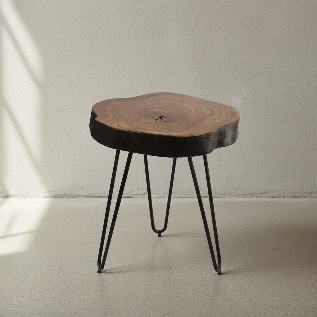 Beistelltisch BALU Massivholz_ Metallbeine_ Baumstammoptik_ robust_ pflegeleicht - KADIMA DESIGN_Farbe_ Braun_ Größe_ 35x35x45 cm_