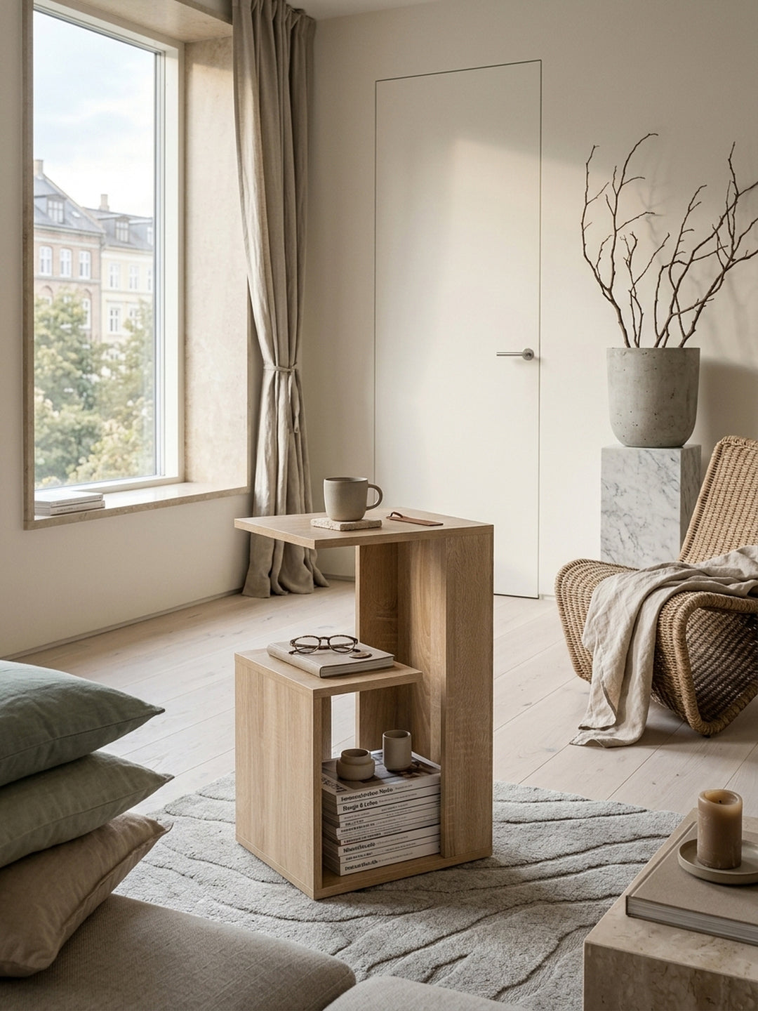 Aufsicht auf den modernen Holz-Couchtisch klein. Der 35x30 cm große Sofatisch aus melaminbeschichteter Spanplatte zeigt seine clevere Fächeraufteilung im minimalistischen Wohnbereich._