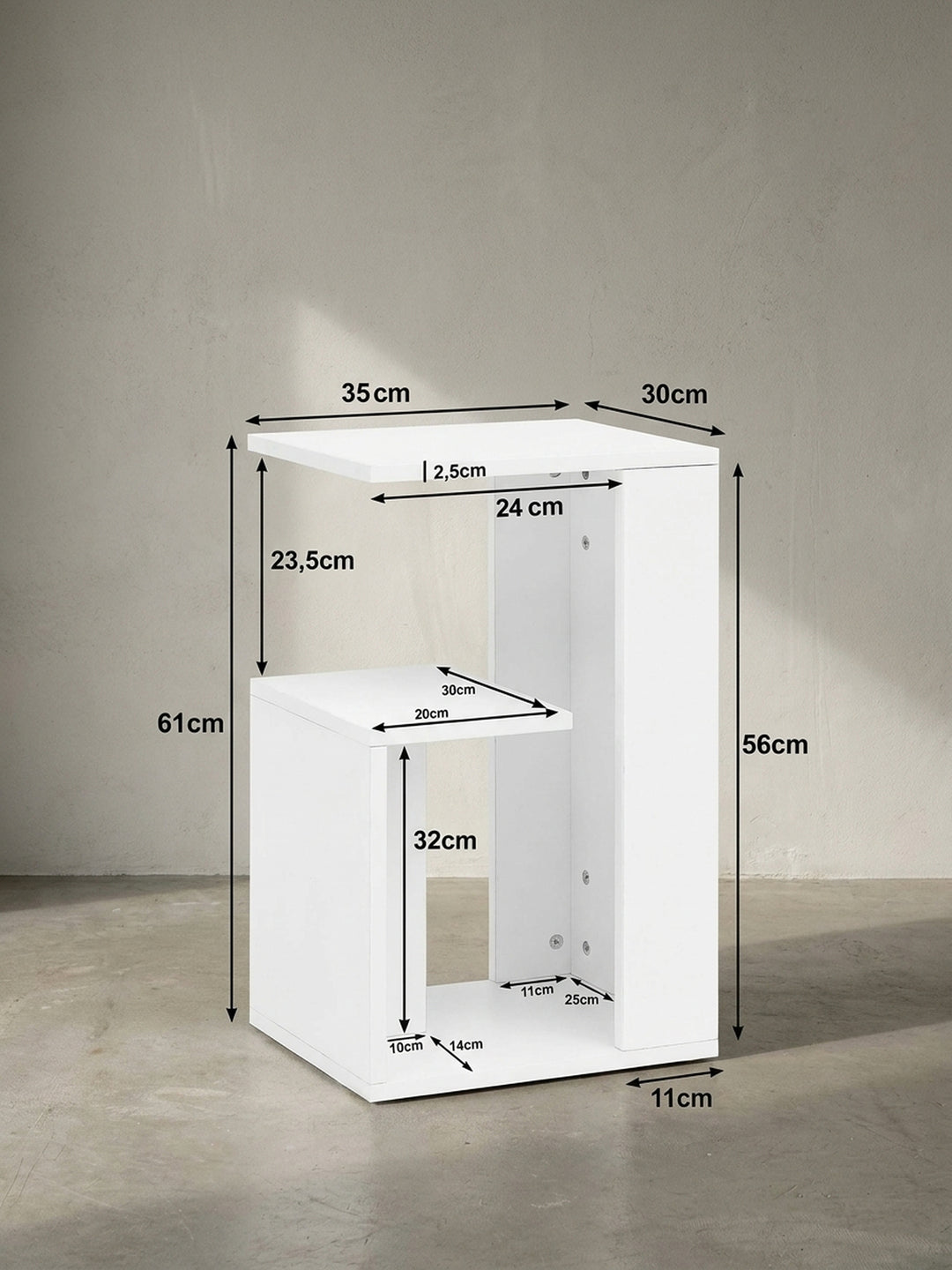 Technische Zeichnung des weißen Beistelltisches mit genauen Maßen von 61 cm Höhe und 35 cm Breite für die perfekte Platzierung_