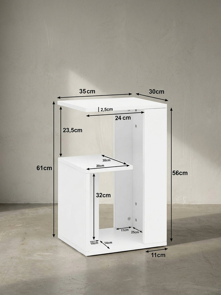 Technische Zeichnung des weißen Beistelltisches mit genauen Maßen von 61 cm Höhe und 35 cm Breite für die perfekte Platzierung_