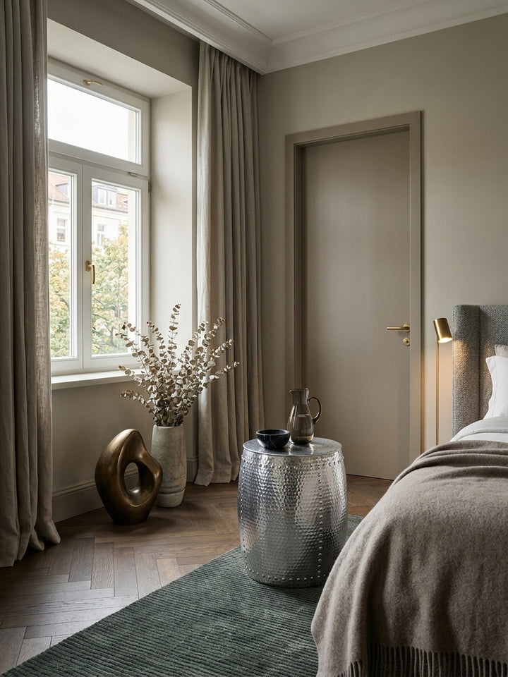 Draufsicht auf den runden Metalltisch in Silber. Die strukturierte 42 cm breite Ablagefläche des Aluminiumtisches fügt sich harmonisch in das moderne Schlafzimmer-Design ein._