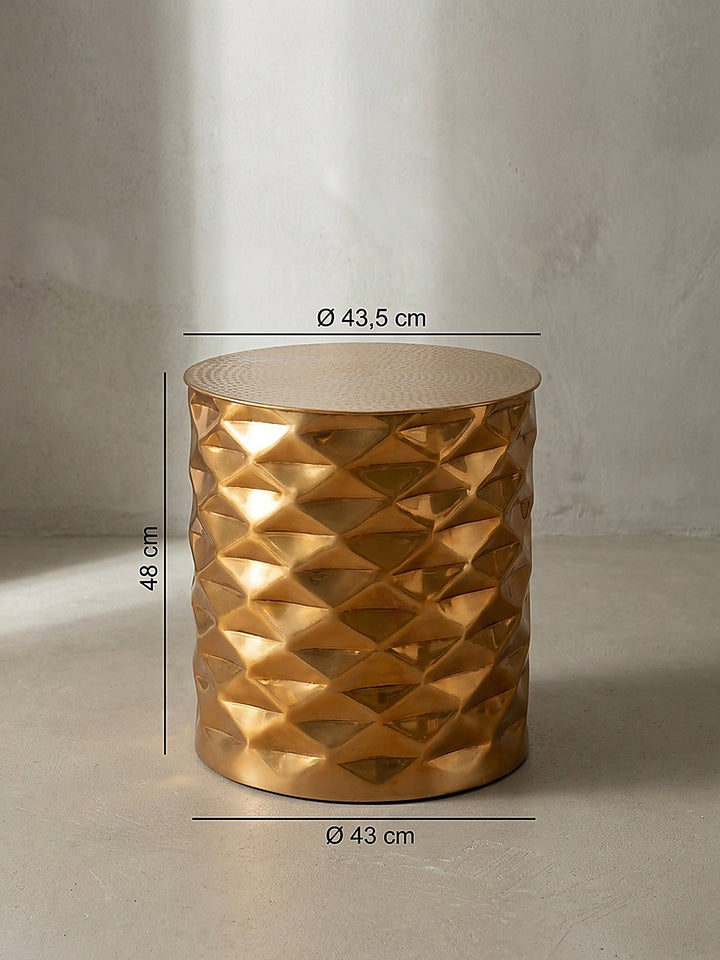 Technische Bemaßung des runden Aluminium-Beistelltischs mit exakten Maßangaben von 43,5 cm im Durchmesser und 48 cm in der Höhe für eine optimale Raumplanung im eleganten Wohnbereich._