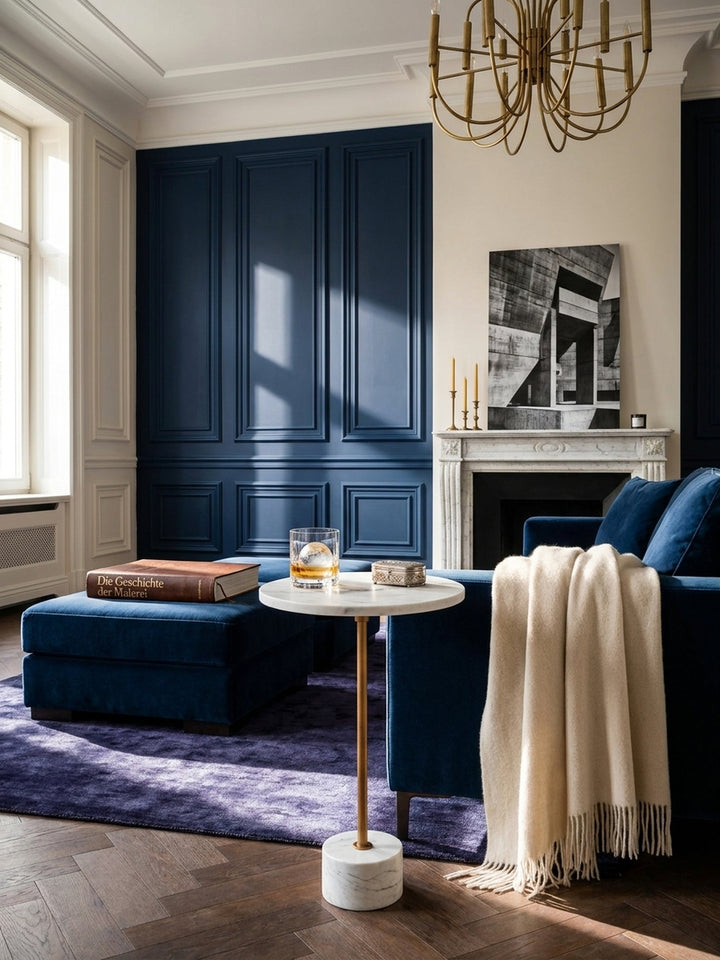 Eleganter Marmor-Beistelltisch mit Goldfuß neben einem Sofa in einem Pariser Altbau-Wohnzimmer mit Stuck und Parkett._