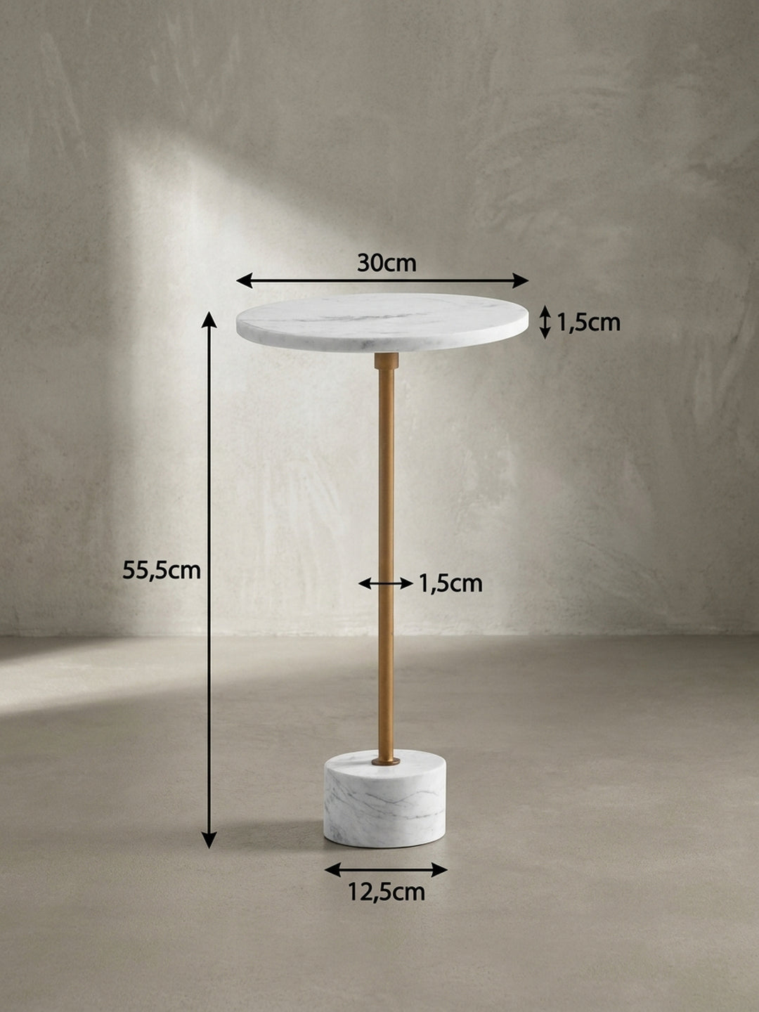 Technisches Maßbild des Beistelltischs mit exakten Abmessungen: 55,5 cm Höhe, 30 cm Breite und 12,5 cm Sockeldurchmesser._