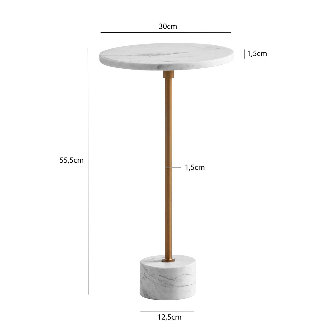 Beistelltisch Echter Marmor Metall 30x30x55-5 cm Anstelltisch Weiß Gold - Kleiner Abstelltisch Rund - Wohnzimmertisch Couch Modern - Marmortisch Hoch_