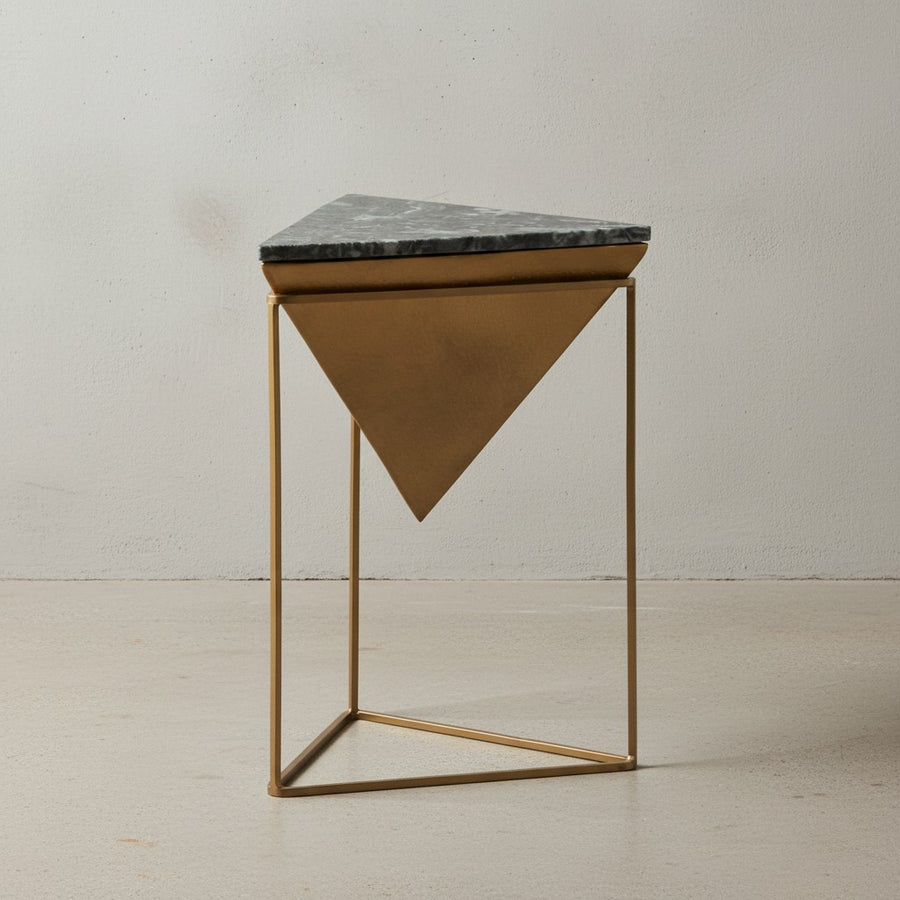 Beistelltisch Echter Marmor Metall 37x37x53 cm Anstelltisch Grün Gold - Kleiner Abstelltisch Dreieckig - Wohnzimmertisch Couch Modern - Marmortisch Punziert Hoch_