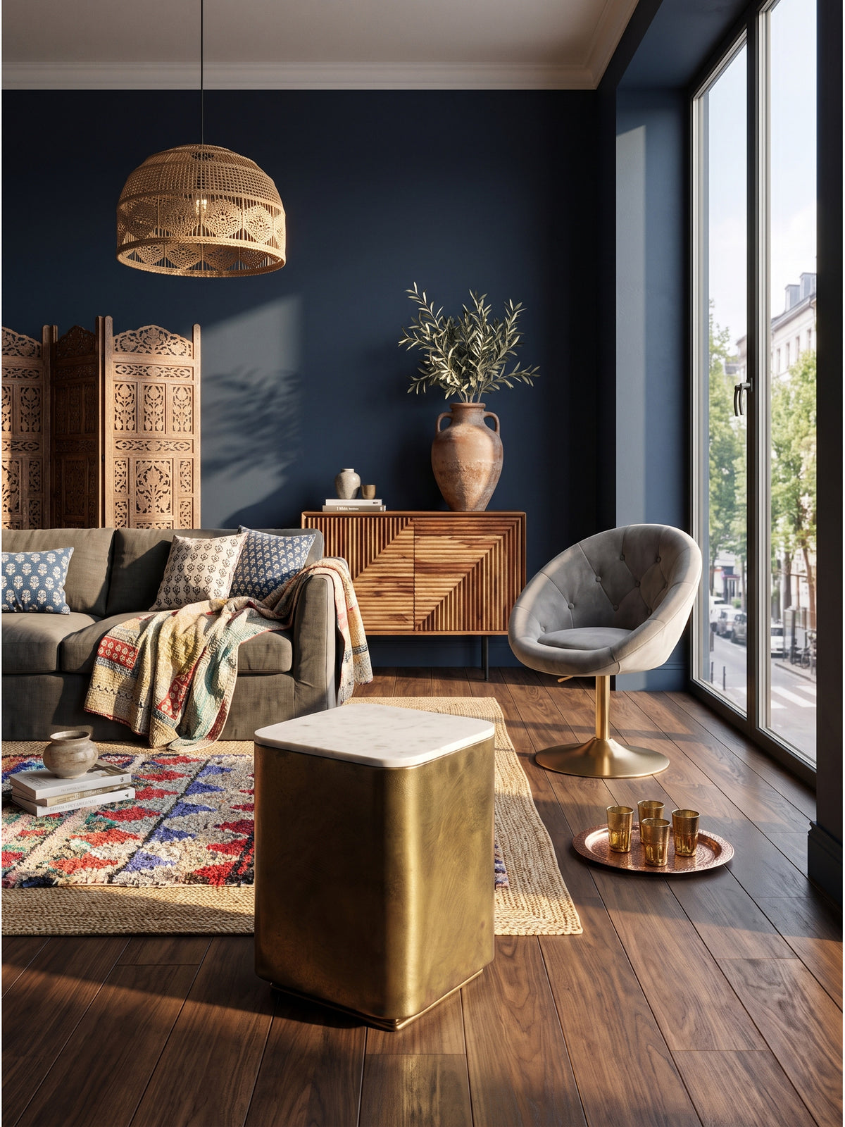 Quadratischer Beistelltisch aus goldfarbenem Metall mit weißer Marmorplatte 33x33x47cm im luxuriösen Boho-Wohnzimmer auf dunklem Nussbaumboden vor tiefblauer Akzentwand_