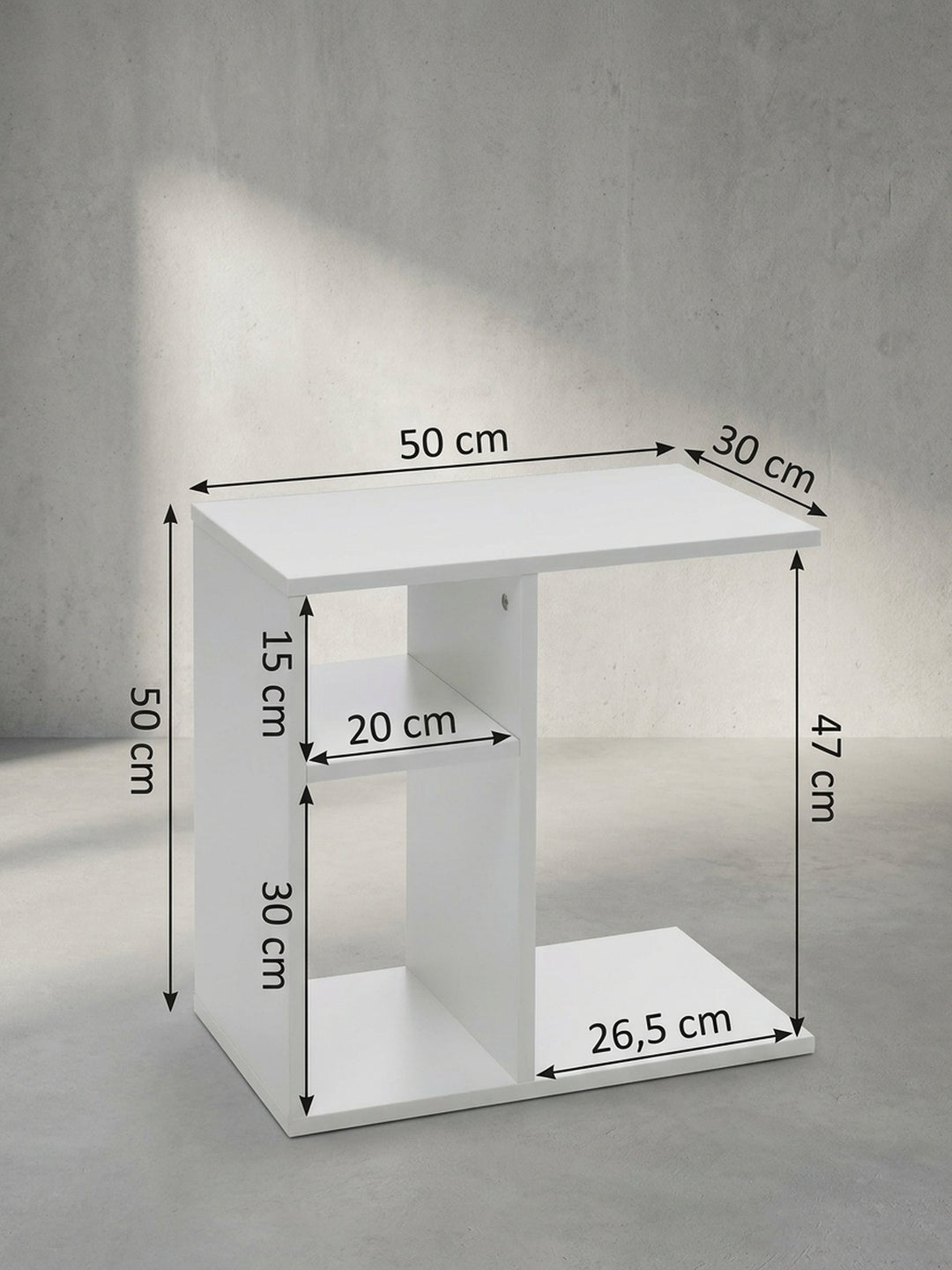 Technische Maßzeichnung des Beistelltischs mit exakten Bemaßungslinien für 50x50x30 cm und Angabe der inneren Fachhöhen._