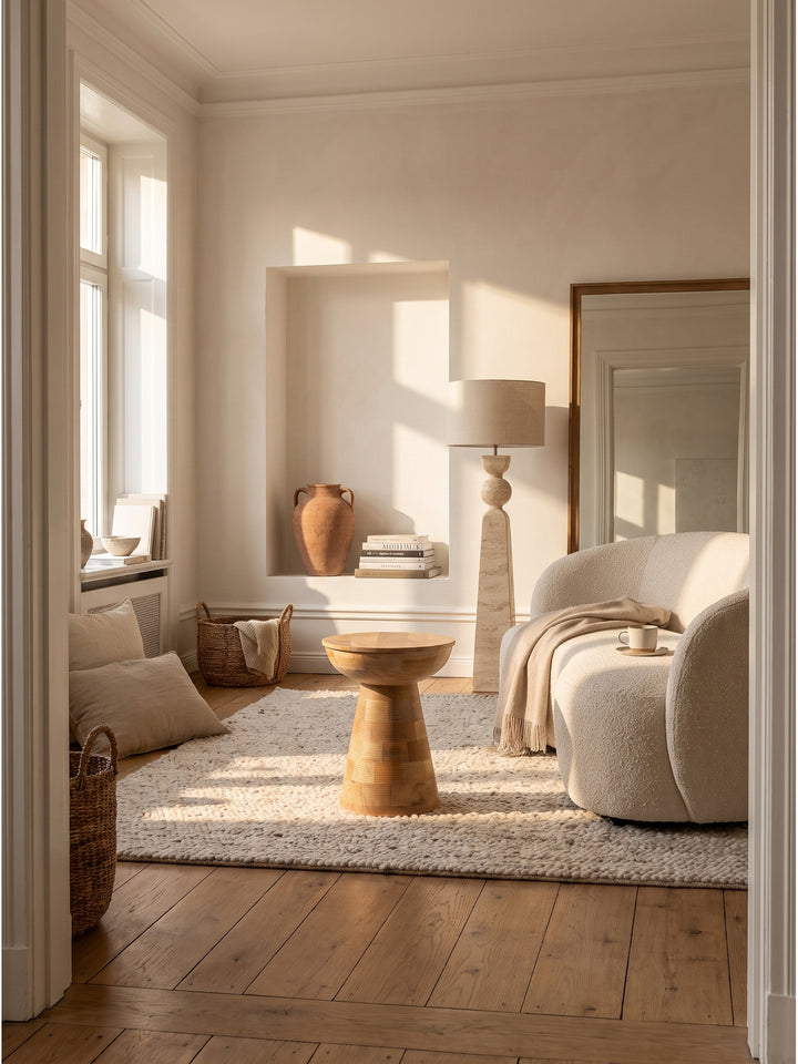 Großer Überblick des organisch geformten Beistelltischs aus Mango Massivholz 37x37x45 cm im hellen Wohnzimmer, platziert auf einem sandfarbenen Wollteppich neben einem weichen Leinensofa_