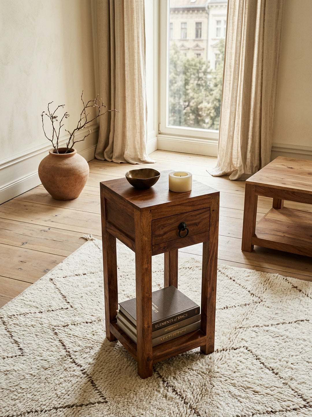 Massivholz Beistelltisch Sheesham_ 30x30x68cm_ mit Ablage und Schublade - Handgefertigt - KADIMA DESIGN_Größe_ 30x30x68 cm_