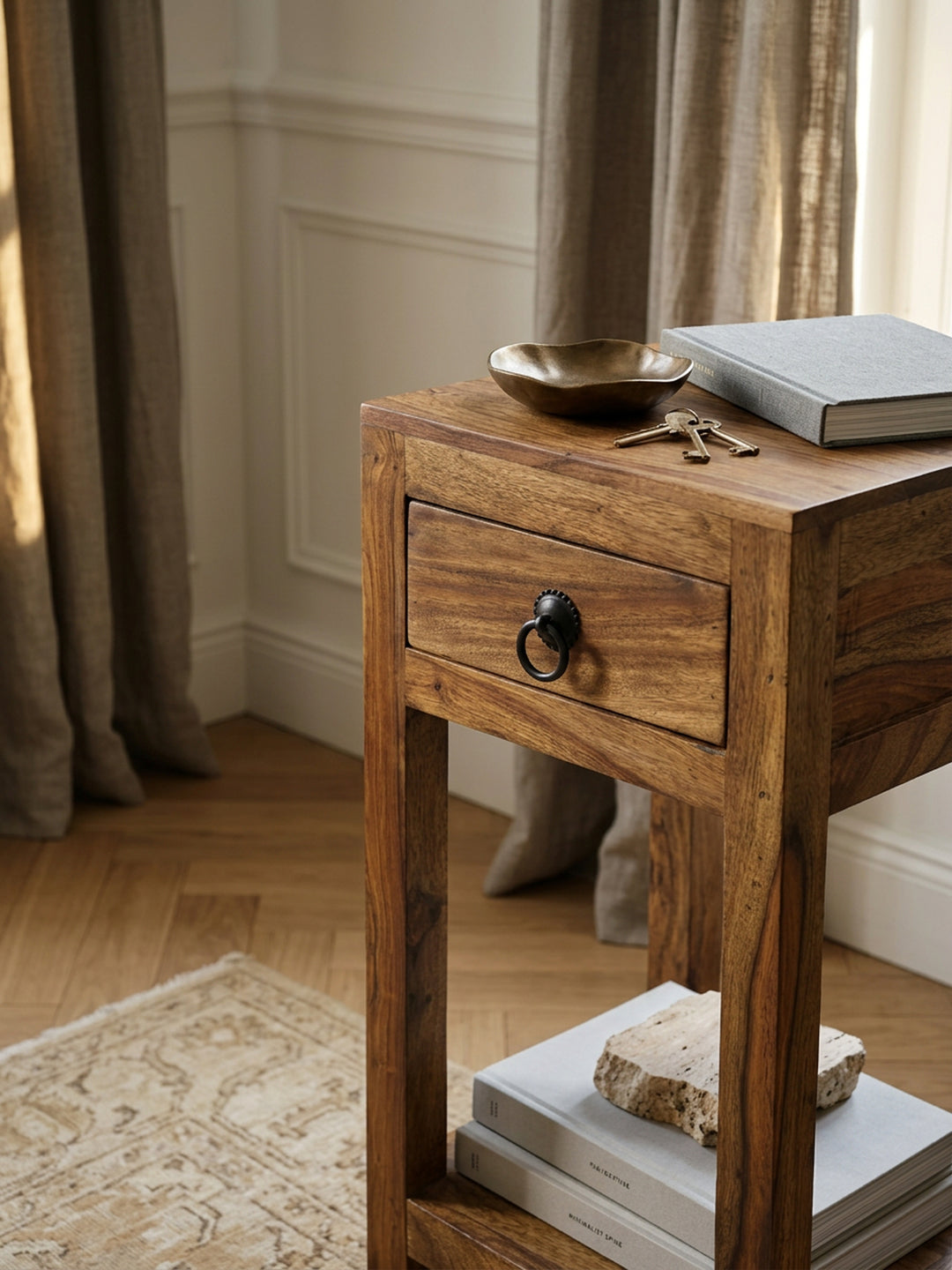 Massivholz Beistelltisch Sheesham_ 30x30x68cm_ mit Ablage und Schublade - Handgefertigt - KADIMA DESIGN_Größe_ 30x30x68 cm_