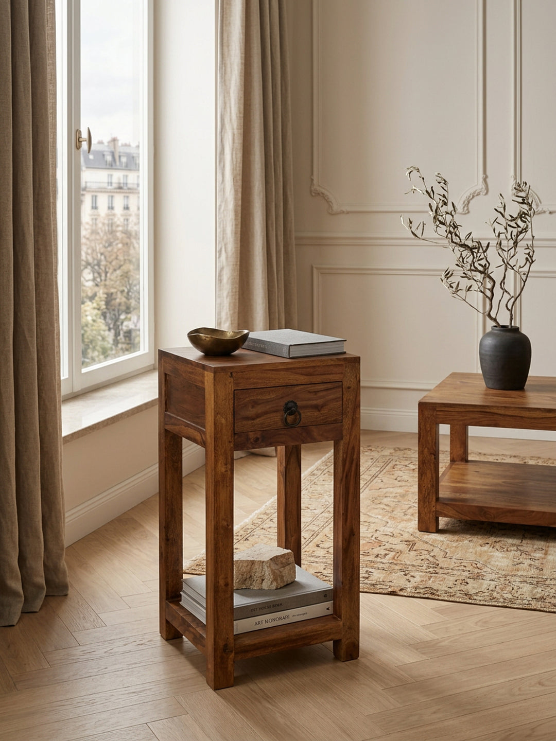 Massivholz Beistelltisch Sheesham_ 30x30x68cm_ mit Ablage und Schublade - Handgefertigt - KADIMA DESIGN_Größe_ 30x30x68 cm_
