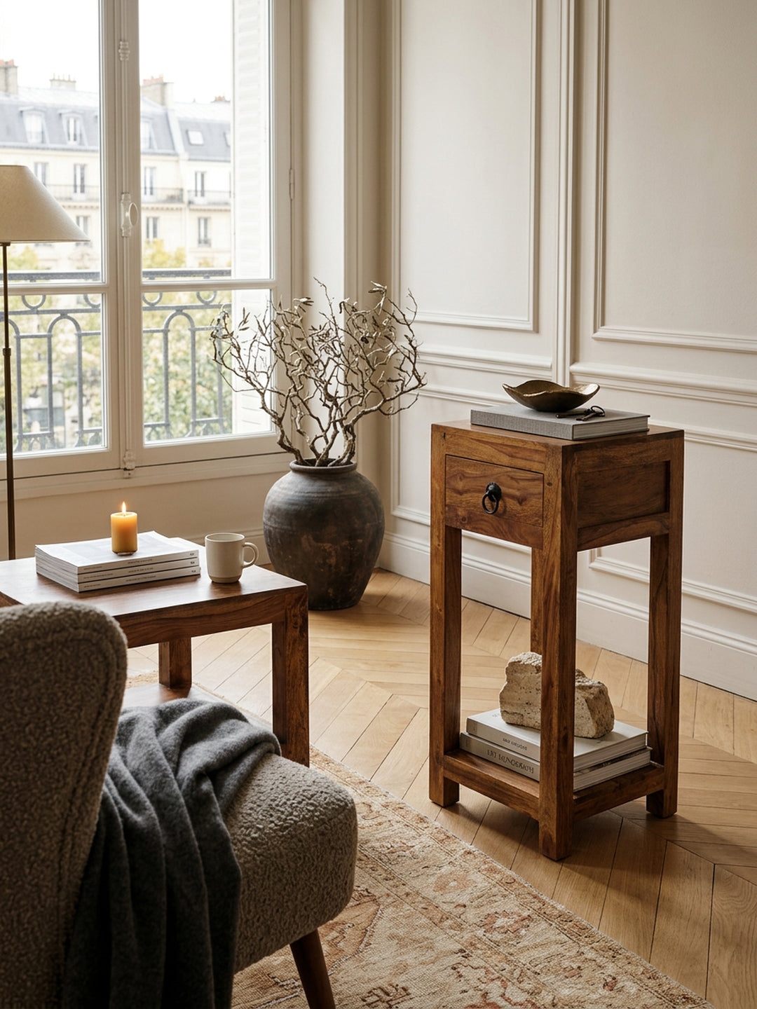 Massivholz Beistelltisch Sheesham_ 30x30x68cm_ mit Ablage und Schublade - Handgefertigt - KADIMA DESIGN_Größe_ 30x30x68 cm_