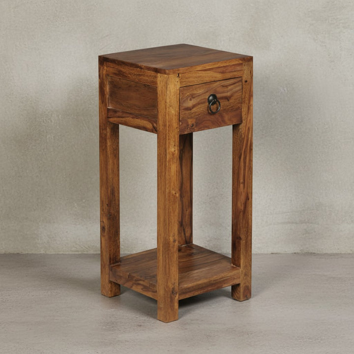 Massivholz Beistelltisch Sheesham_ 30x30x68cm_ mit Ablage und Schublade - Handgefertigt - KADIMA DESIGN_Größe_ 30x30x68 cm_