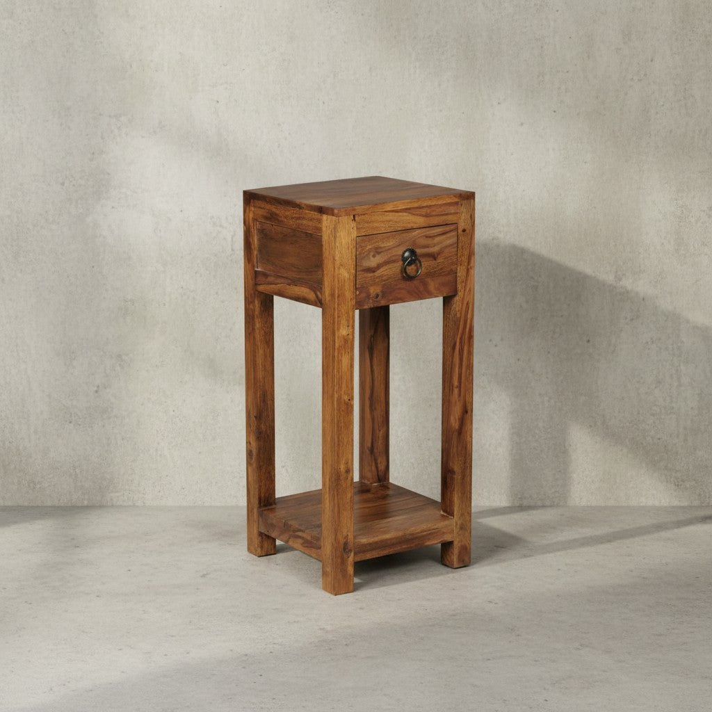 Massivholz Beistelltisch Sheesham  30x30x68cm  mit Ablage und Schublade - Handgefertigt - KADIMA DESIGN Größe  30x30x68 cm