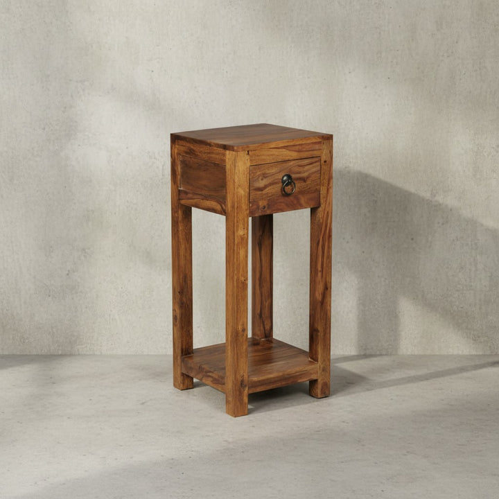 Massivholz Beistelltisch Sheesham_ 30x30x68cm_ mit Ablage und Schublade - Handgefertigt - KADIMA DESIGN_Größe_ 30x30x68 cm_