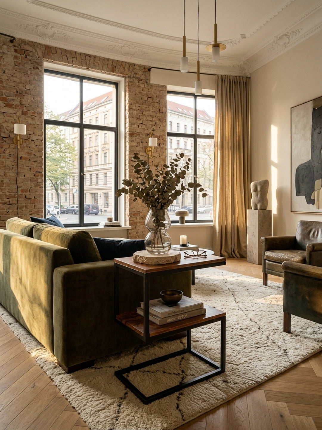 Eleganter Beistelltisch aus massivem Sheeshamholz und schwarzem Metall in einem luxuriösen Wohnzimmer. Der S-förmige Couchtisch steht perfekt platziert neben einem hellen Leinensofa._