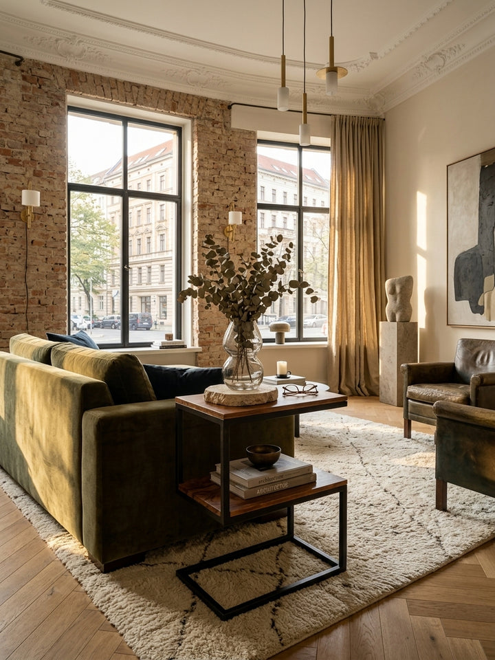 Eleganter Beistelltisch aus massivem Sheeshamholz und schwarzem Metall in einem luxuriösen Wohnzimmer. Der S-förmige Couchtisch steht perfekt platziert neben einem hellen Leinensofa._