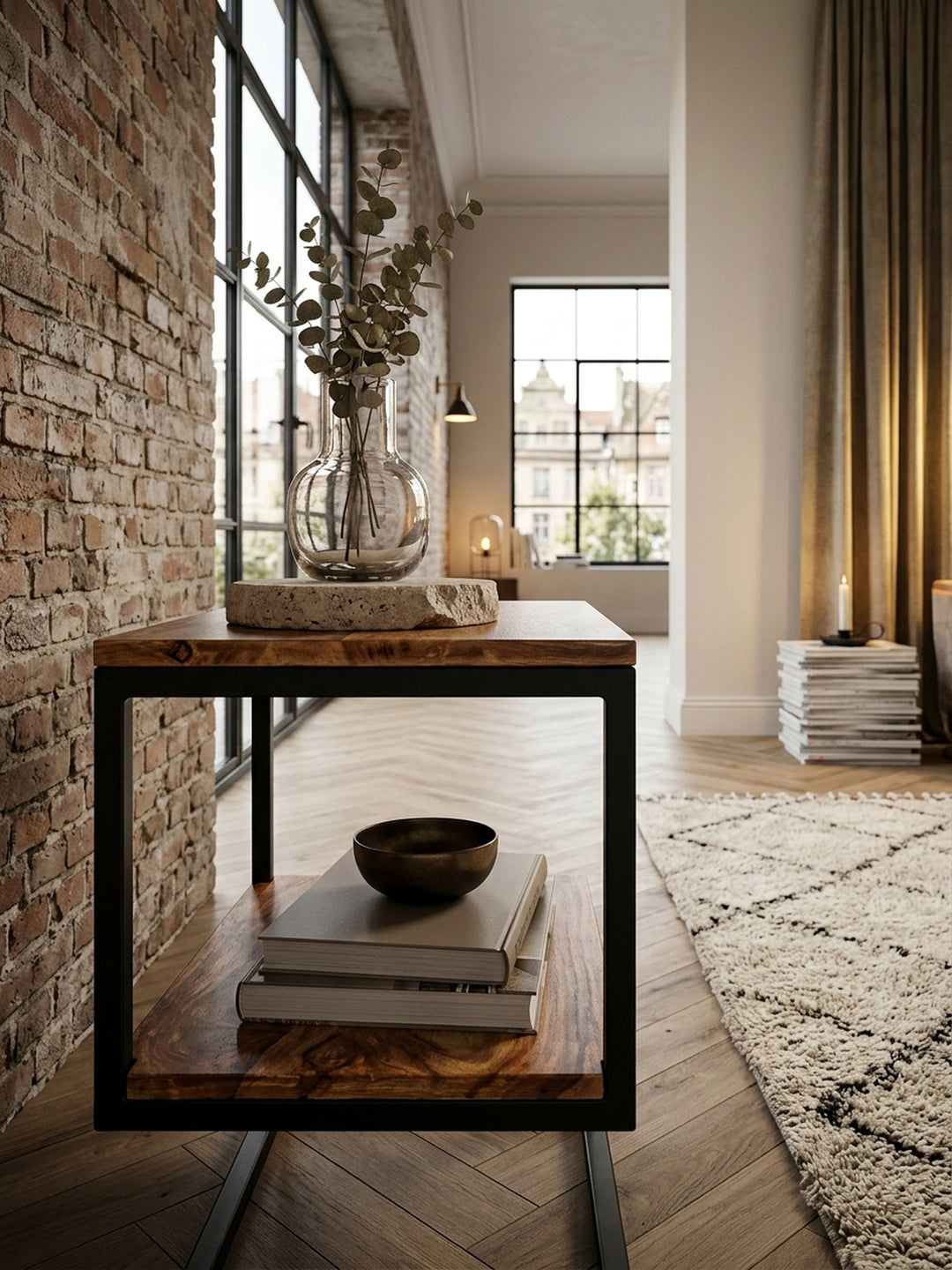 Nahaufnahme der edlen Tischplatte: Die ausdrucksstarke, warme Maserung des Sheesham-Massivholzes kontrastiert stilvoll mit dem mattschwarz pulverbeschichteten Metallgestell._