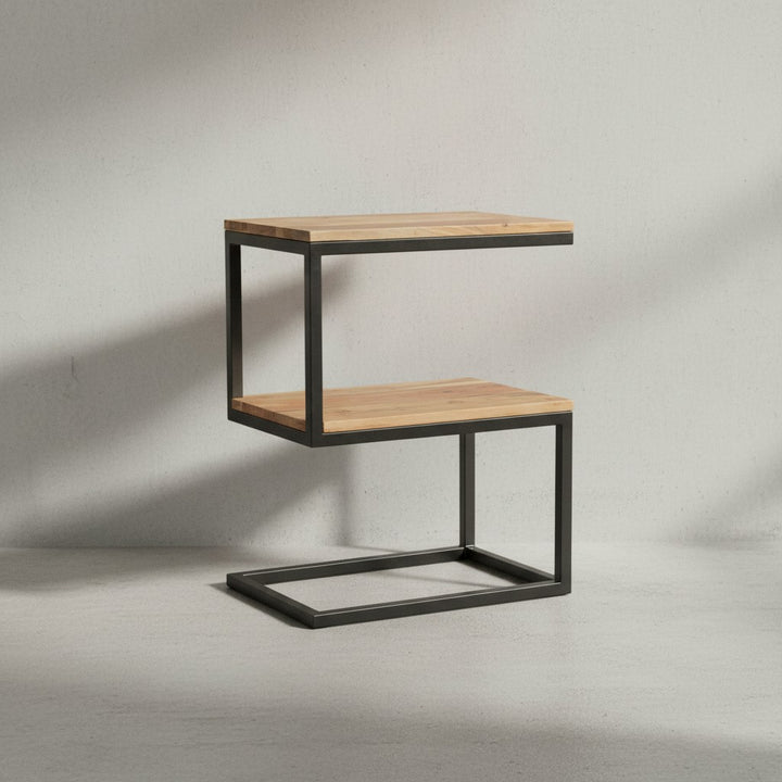 Beistelltisch Massivholz INDI_ S-Design_ Schwarz/Metallgestell_ 2 Ablageflächen - KADIMA DESIGN_Farbe_ Beige_ Größe_ 45x30x60 cm_