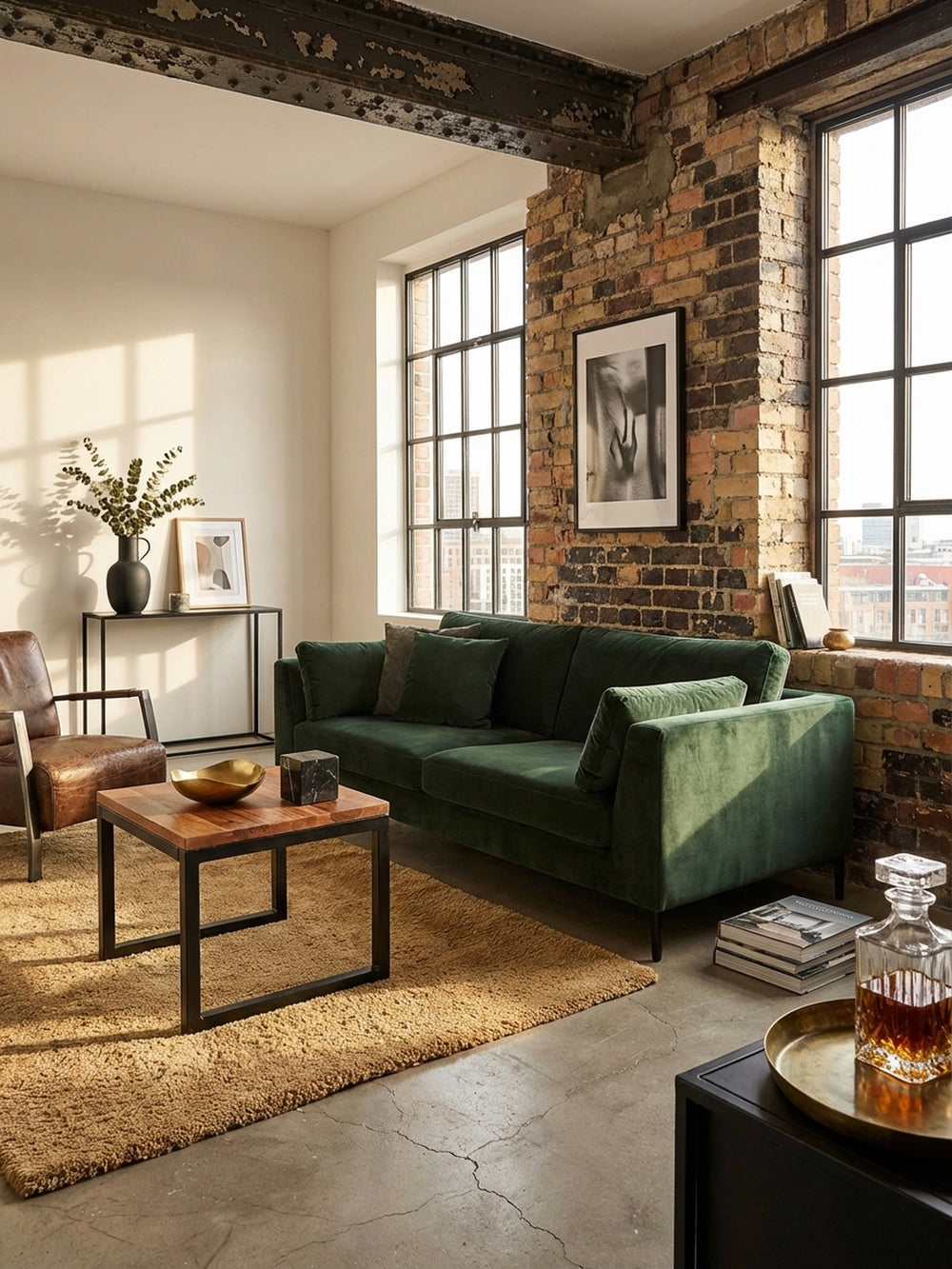 Industrieller Beistelltisch aus massivem Sheeshamholz mit schwarzem Metallgestell, elegant in einem modernen Wohnzimmer neben einem grauen Sofa und Teppich platziert._