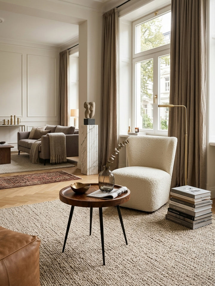 Eleganter runder Beistelltisch aus massivem Sheeshamholz mit schwarzen Metallbeinen in einem hellen Wohnzimmer. Der 40 cm hohe Holztisch ergänzt eine moderne Lese-Ecke perfekt._