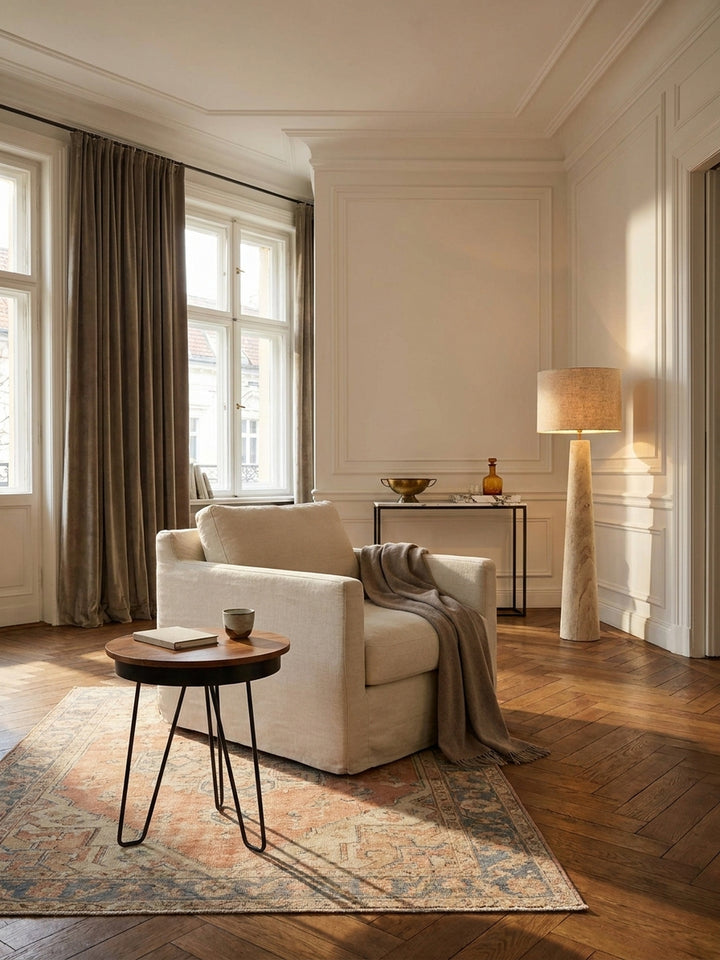 Runder Beistelltisch aus massivem Sheeshamholz mit schwarzem Metallgestell im eleganten Wohnzimmer neben einem cremefarbenen Leinensessel auf edlem Vintage-Teppich._