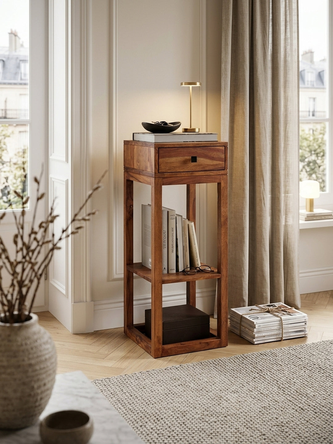 Massiver Sheesham Beistelltisch_ quadratisch_ mit Schublade und Ablagefach_ ideal für Wohnzimmer oder Schlafzimmer - KADIMA DESIGN_Größe_ 35x35x90 cm_