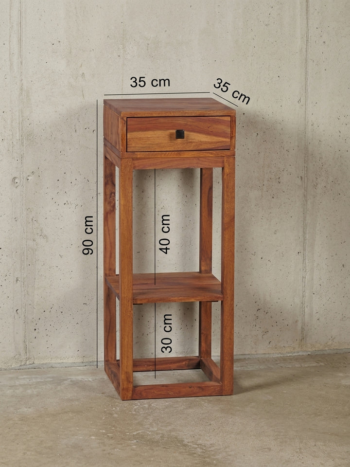 Massiver Sheesham Beistelltisch_ quadratisch_ mit Schublade und Ablagefach_ ideal für Wohnzimmer oder Schlafzimmer - KADIMA DESIGN_Größe_ 35x35x90 cm_