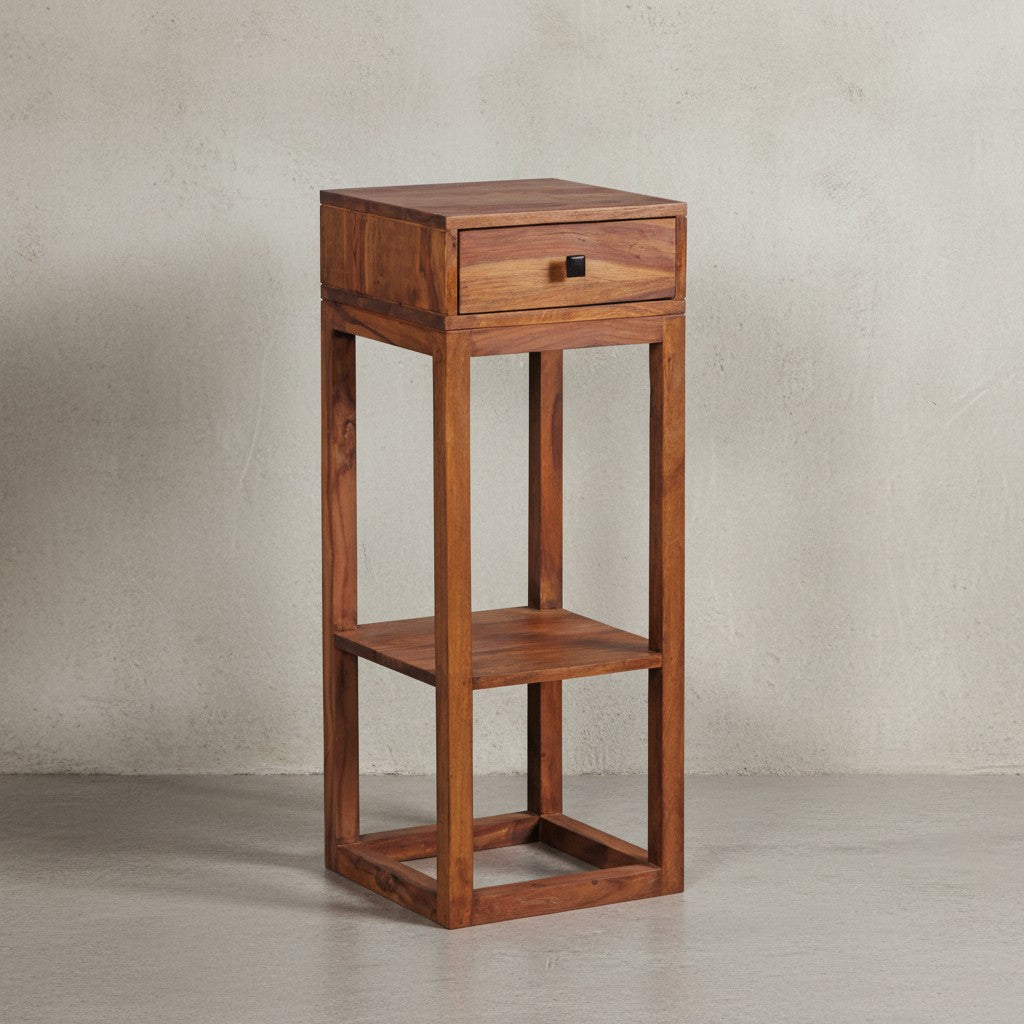 Massiver Sheesham Beistelltisch_ quadratisch_ mit Schublade und Ablagefach_ ideal für Wohnzimmer oder Schlafzimmer - KADIMA DESIGN_Größe_ 35x35x90 cm_