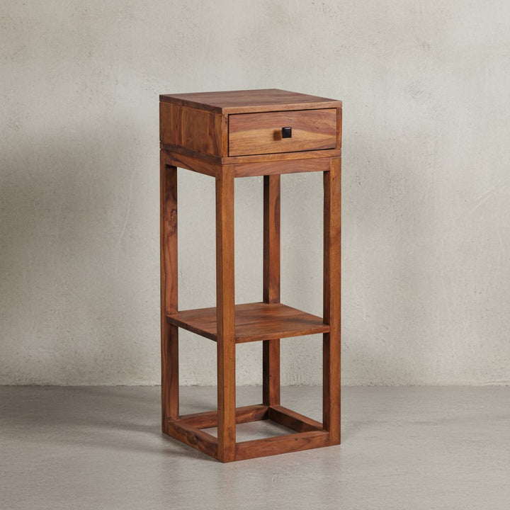 Massiver Sheesham Beistelltisch_ quadratisch_ mit Schublade und Ablagefach_ ideal für Wohnzimmer oder Schlafzimmer - KADIMA DESIGN_Größe_ 35x35x90 cm_