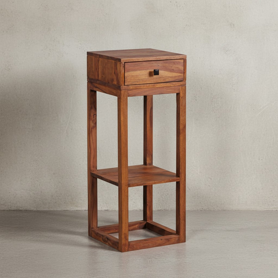 Massiver Sheesham Beistelltisch_ quadratisch_ mit Schublade und Ablagefach_ ideal für Wohnzimmer oder Schlafzimmer - KADIMA DESIGN_Größe_ 35x35x90 cm_