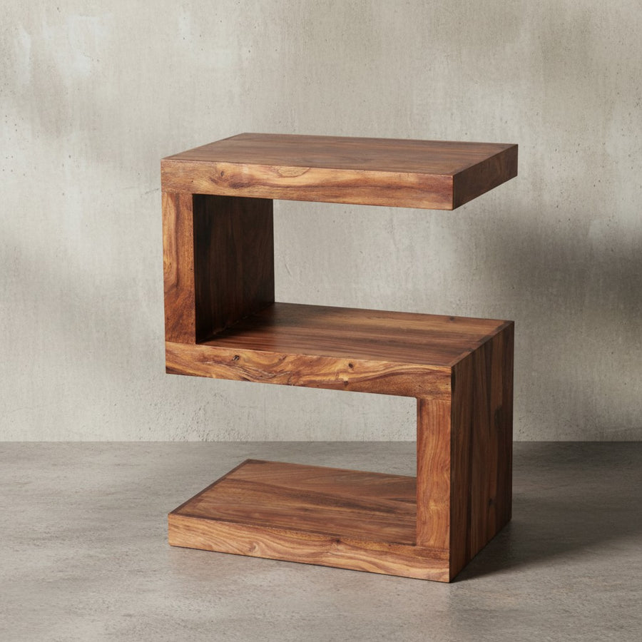 Beistelltisch &quot;S&quot; Cube NAKO_ Sheesham-Holz_ S-Form_ 44x30 cm_ 60 cm Höhe_ handgefertigt - KADIMA DESIGN_Farbe_ Braun_ Größe_ 44x30x60 cm_