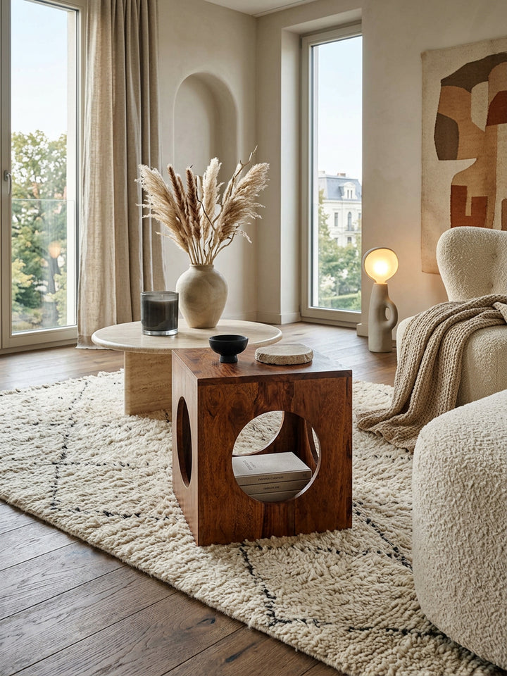 Quadratischer Beistelltisch aus Sheesham-Holz mit Cube-Design_ vielseitige Platzierung_ Stauraummöglichkeiten_ handgefertigt - KADIMA DESIGN_Größe_ 35x35x35 cm_