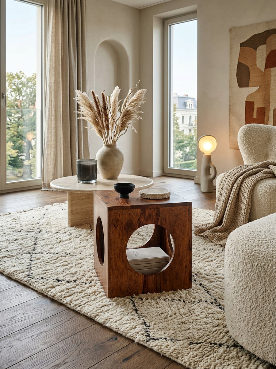 Quadratischer Beistelltisch aus Sheesham-Holz mit Cube-Design_ vielseitige Platzierung_ Stauraummöglichkeiten_ handgefertigt - KADIMA DESIGN_Größe_ 35x35x35 cm_