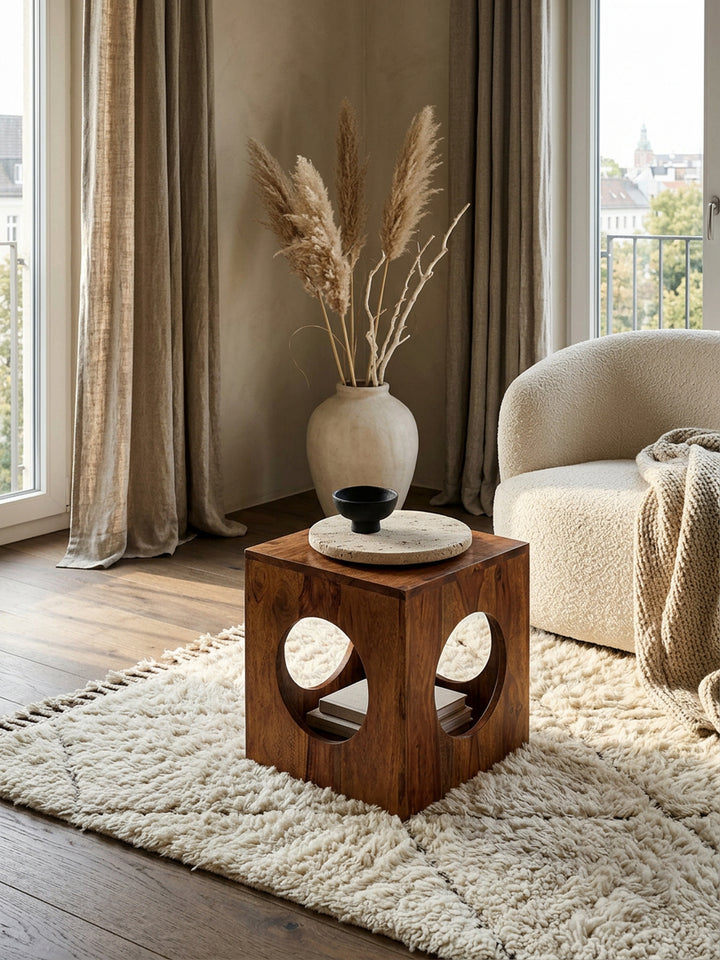 Quadratischer Beistelltisch aus Sheesham-Holz mit Cube-Design_ vielseitige Platzierung_ Stauraummöglichkeiten_ handgefertigt - KADIMA DESIGN_Größe_ 35x35x35 cm_