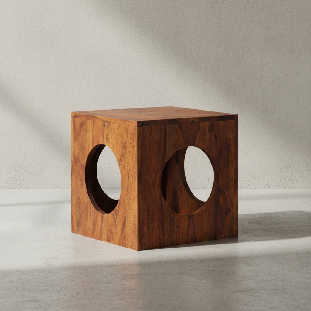 Quadratischer Beistelltisch aus Sheesham-Holz mit Cube-Design  vielseitige Platzierung  Stauraummöglichkeiten  handgefertigt - KADIMA DESIGN Größe  35x35x35 cm