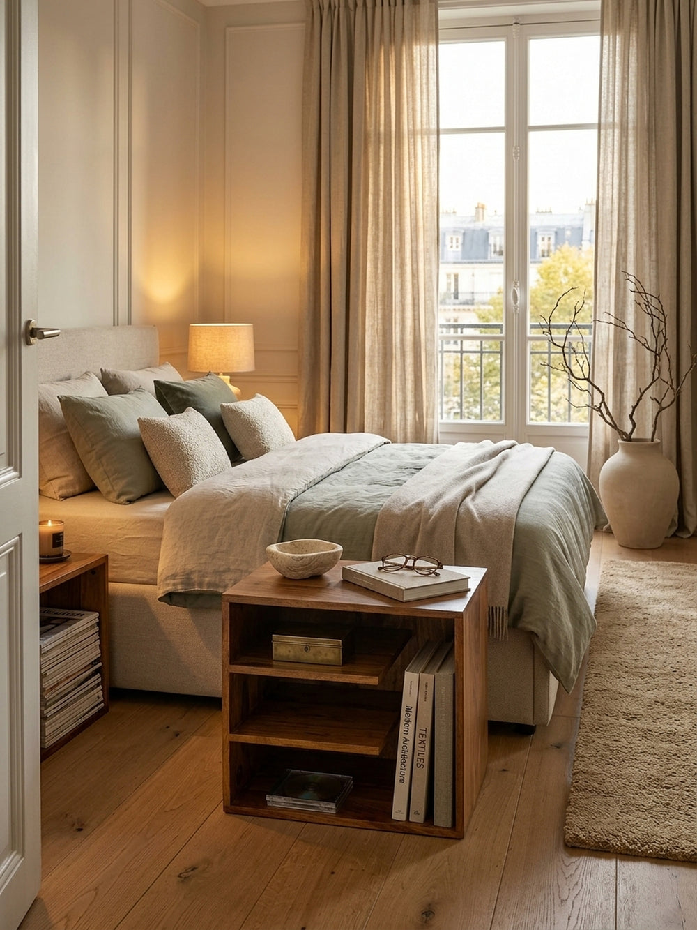 Massiver Sheesham Beistelltisch 43x43x30 cm im eleganten Wohnzimmer neben hellem Leinen-Sofa, arrangiert mit minimalistischer Dekoration und warmen Naturtönen im Organic-Modern Stil._