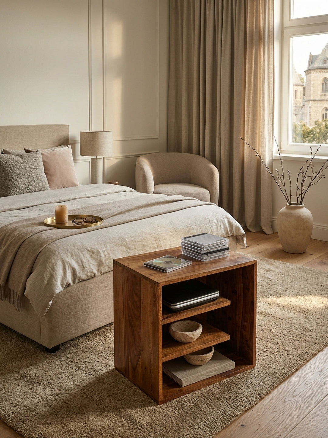 Draufsicht auf den quadratischen Massivholz Nachttisch aus Palisander, zeigt die kompakte 30cm Tiefe und großzügige Ablagefläche im modern eingerichteten, luxuriösen Schlafzimmer._