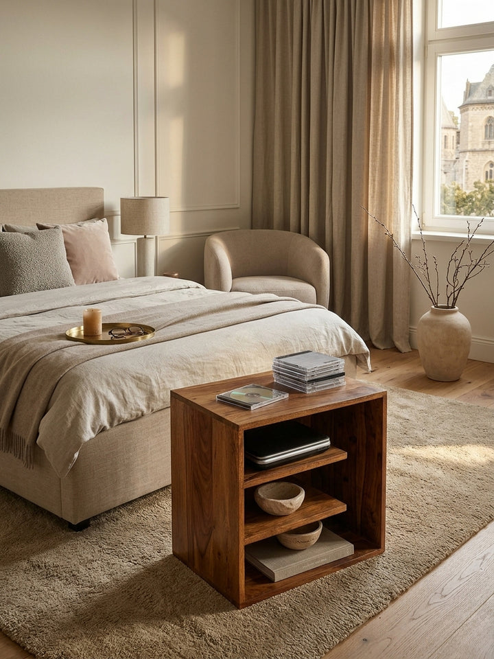 Draufsicht auf den quadratischen Massivholz Nachttisch aus Palisander, zeigt die kompakte 30cm Tiefe und großzügige Ablagefläche im modern eingerichteten, luxuriösen Schlafzimmer._