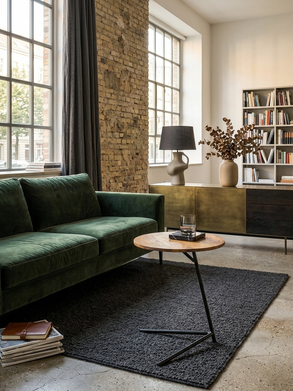 Eleganter Beistelltisch aus massivem Sheesham Holz und schwarzem Metall in einem luxuriösen Wohnzimmer. Der kompakte 40x40x46cm Couchtisch setzt warme Industrial Style Akzente im Raum._