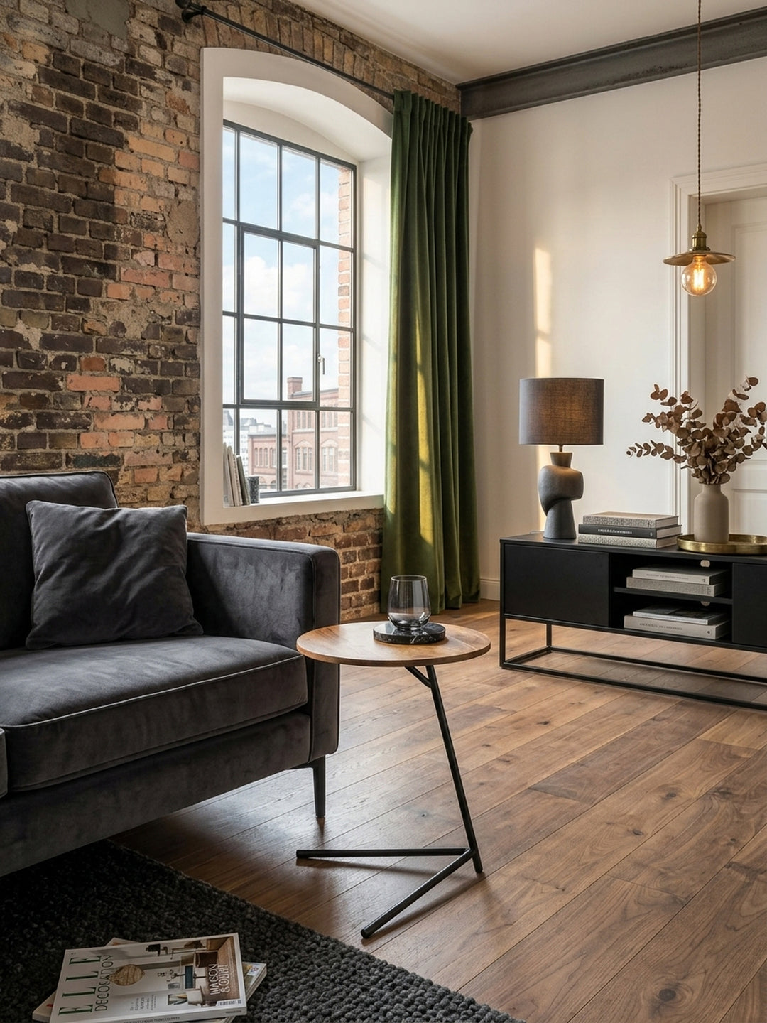Draufsicht auf den runden Holztisch im Wohnzimmer. Die markante Maserung der Sheesham Tischplatte und das asymmetrische Metallgestell des Beistelltischs wirken modern und platzsparend._