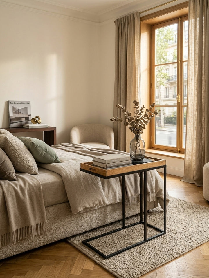 Draufsicht auf den 70x65x34 cm großen Tabletttisch im Wohnbereich. Die warme Maserung der Sheeshamholz-Platte kontrastiert perfekt mit dem hellen Teppich und dem Sofa-Arrangement._