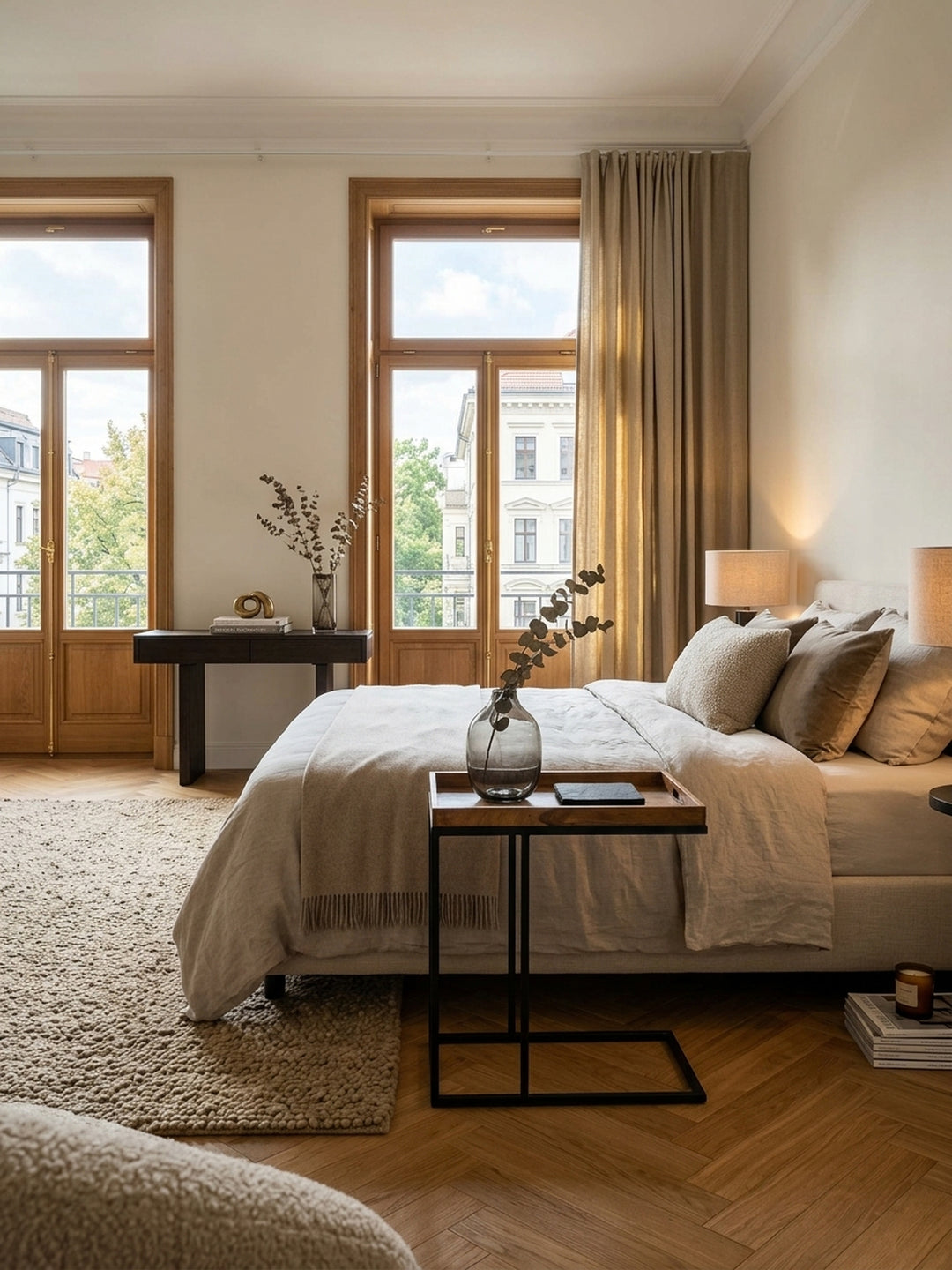 Eleganter Beistelltisch aus massivem Sheeshamholz in einem luxuriösen Wohnzimmer. Der C-Tisch mit schwarzem Metallgestell fügt sich harmonisch in das Modern-Classic Interieur ein._